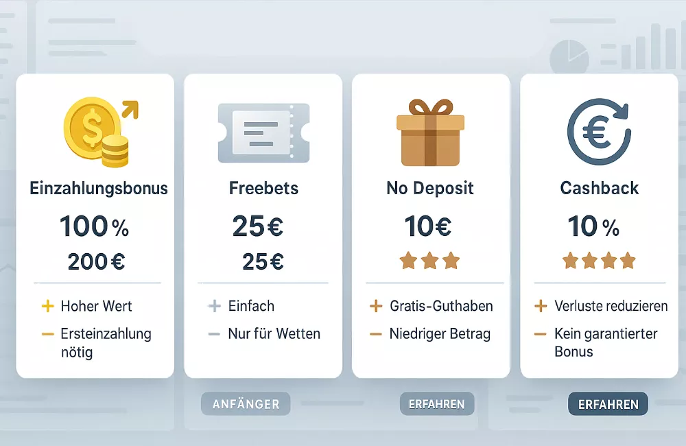 Bonustypen Vergleich - Einzahlungsbonus, Freebets, No Deposit Bonus und Cashback bei Sportwetten