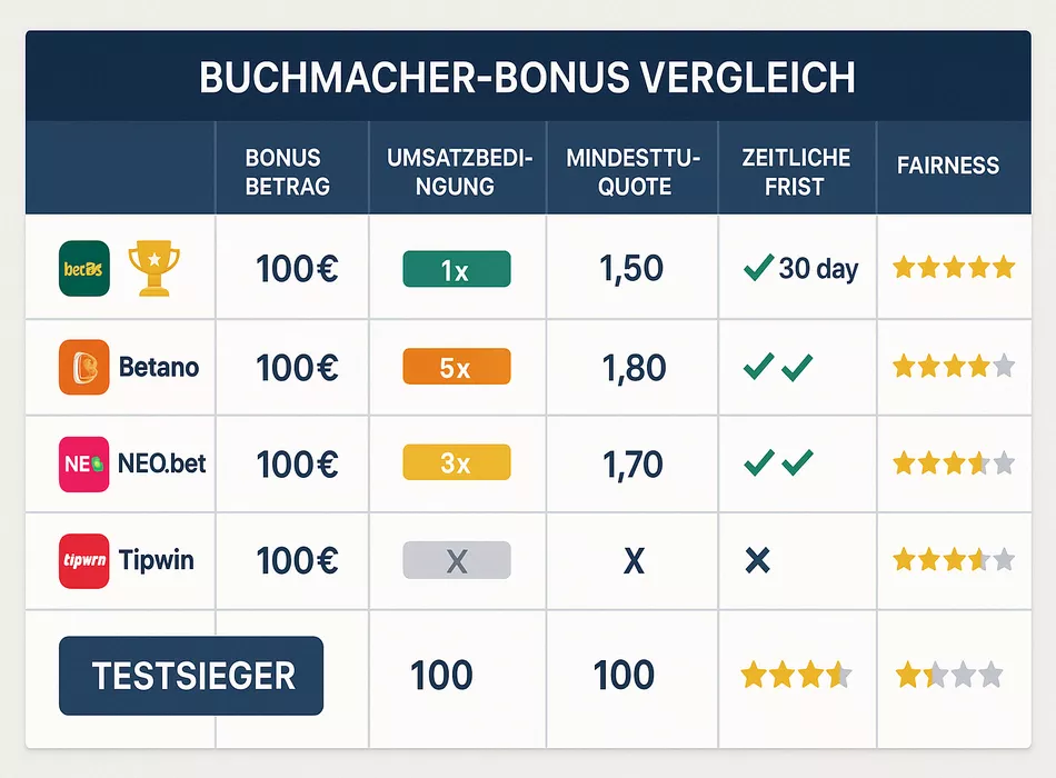 Buchmacher Bonus Vergleich 2025 - Beste Bonusangebote von Bet365, Betano, NEO.bet und Tipwin im Test