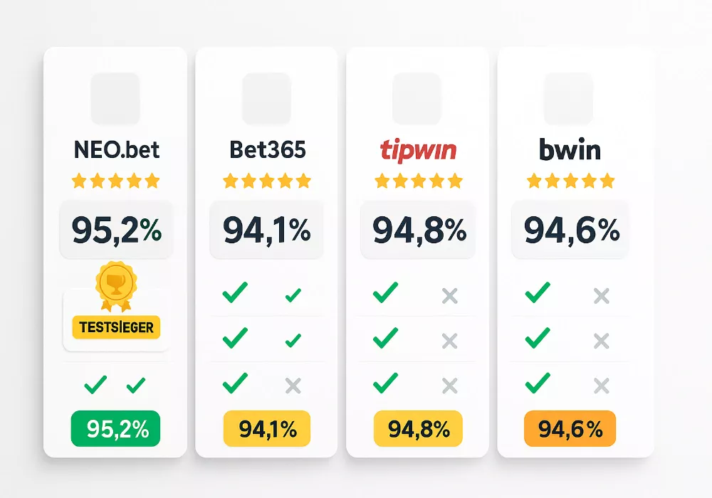 Buchmacher Quotenvergleich 2025 - Vergleichstabelle der besten Wettanbieter NEO.bet, Bet365, Tipwin mit Quotenschlüssel