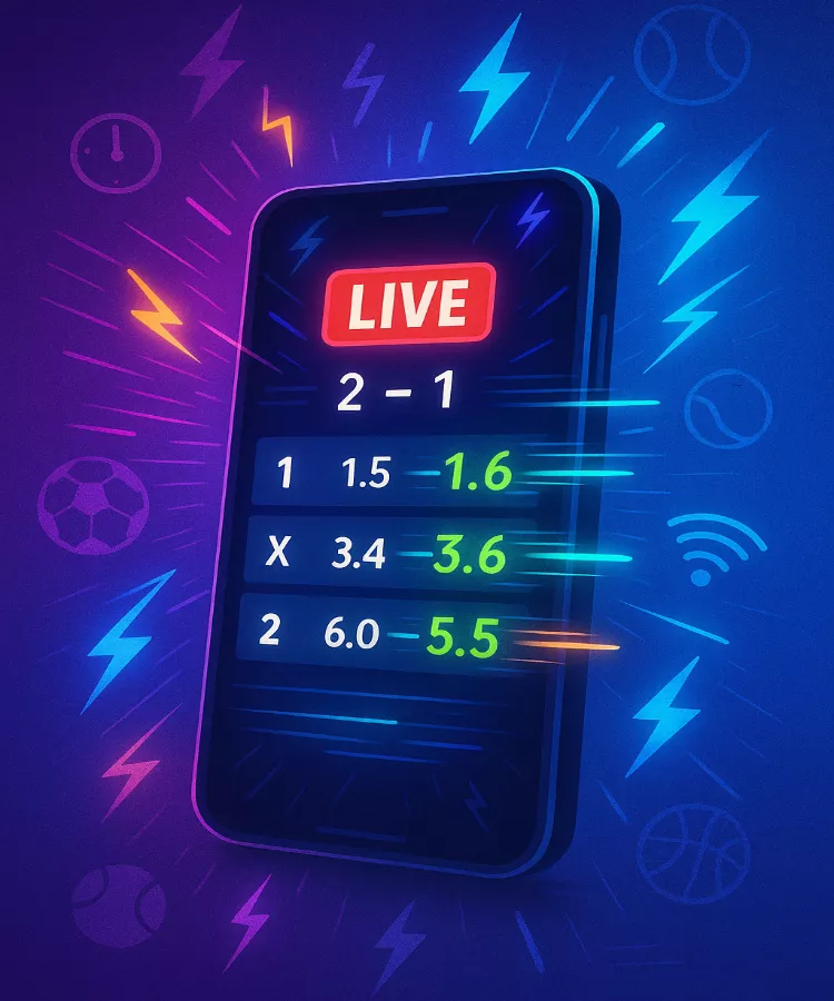 Live Wetten Echtzeit-Quoten - Smartphone mit Live-Wettmärkten und sich ändernden Quoten während des Spiels