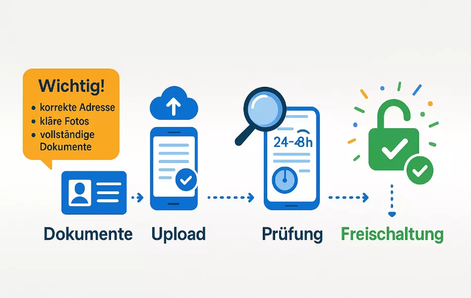 Verifizierung Prozess Wettanbieter - Dokumente hochladen und Konto freischalten für schnelle Auszahlungen