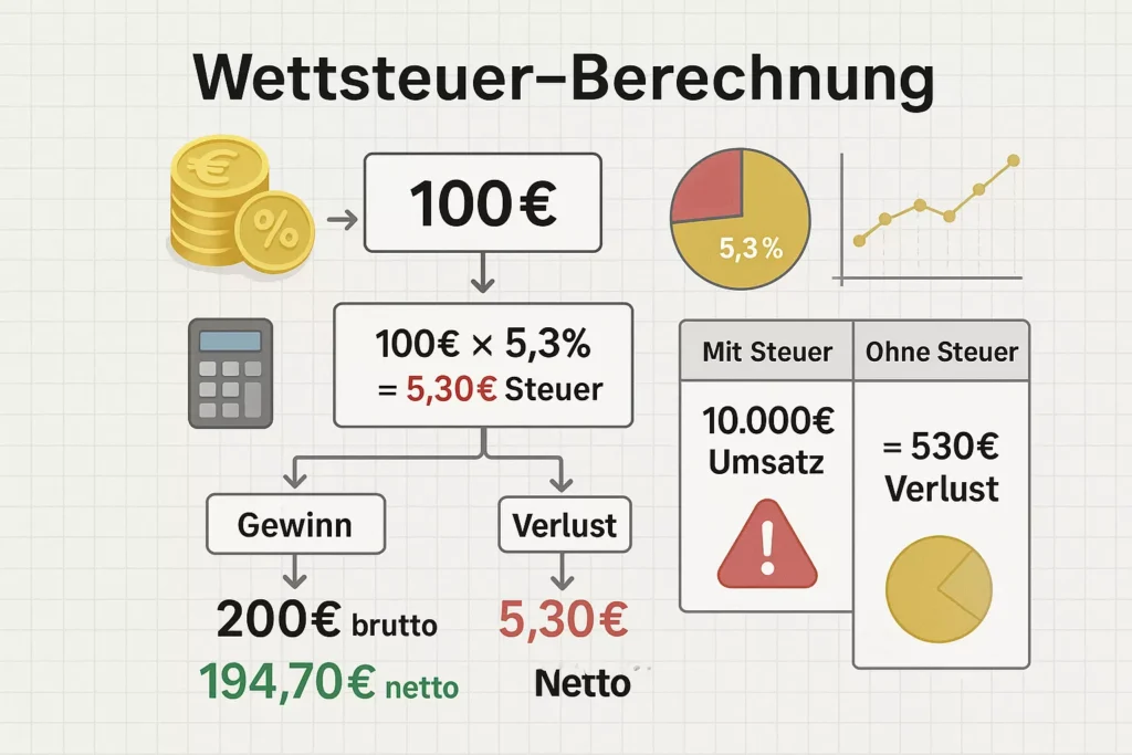 Wettsteuer Berechnung - Auswirkung der 5,3 Prozent Steuer auf Wetteinsatz und Gewinn erklärt