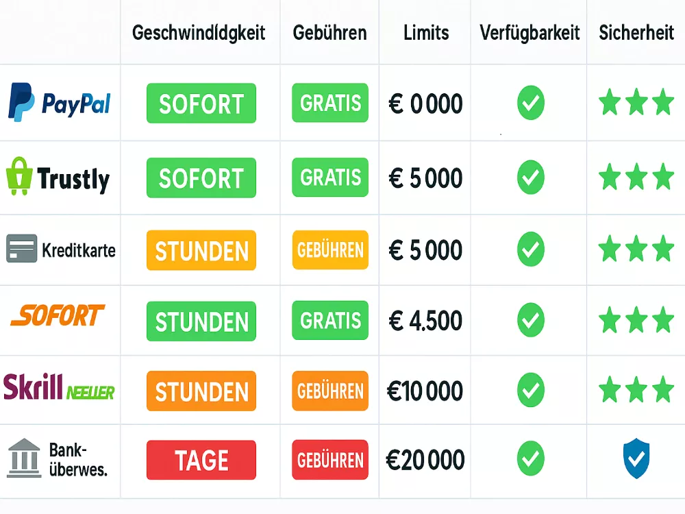 Zahlungsmethoden Vergleich - Geschwindigkeit, Gebühren und Limits bei PayPal, Trustly, Kreditkarte und Banküberweisung